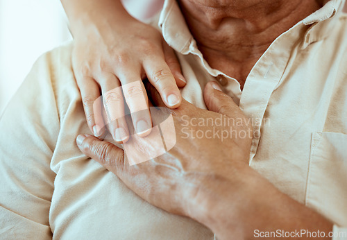 Image of Mature couple, hands and mental health support in house, home or marriage counseling therapy. Zoom, man and woman in trust, love and psychology counselling for depression, anxiety and stress burnout