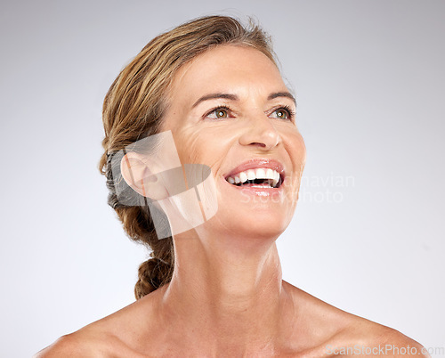 Image of Skincare, beauty and face of happy senior woman thinking about dermatology, facial botox or cosmetics against mockup studio background. Face, antiaging and wellness of female with self love mindset