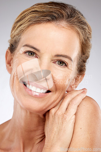 Image of Beauty, anti aging and wrinkles, skincare and woman, natural cosmetic and aged skin, face and body care advertising portrait. Mature model smile, facial treatment and wellness with studio background