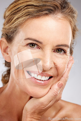 Image of Skincare, beauty and face of happy senior woman after dermatology facial routine against studio background. Cosmetics, antiaging and lady smile for wellness, self love and health of skin after botox