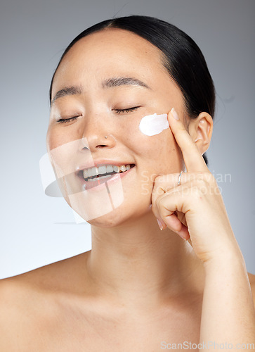 Image of Portrait of woman in skincare, beauty and skin products with lotion on her face. Mockup up for natural beauty, cosmetic products and wellness cream. Facial model for skin, cleaning and moisturizing