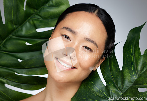 Image of Face, beauty and asian woman with monstera leaf on gray studio background. A beautiful Japanese woman with healthy, glowing and flawless skin, skincare routine and makeup with organic plant cosmetics