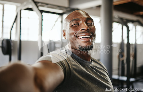 Image of Selfie, fitness and black man training, doing a workout and cardio in the gym. Young, portrait and African athlete sweating in a photo after exercise for health, body strength and sport at a club