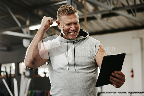 Image of Gym, workout and happy personal trainer with clipboard in celebration after wellness training. Fitness, health and man coach reading checklist to celebrate win, achievement or victory at sport studio