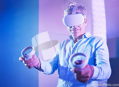 Image of Metaverse, virtual reality headset or gaming console for mature man in neon house, home and studio. Smile, happy and vr gamer in futuristic cyber world, 3d ai software and interactive esports control