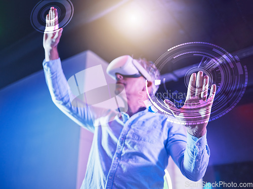 Image of Hologram, metaverse and virtual reality with a senior man using a vr headset to access a ux or ui digital dashboard. Future, internet and user with a male pensioner exploring futuristic ai technology