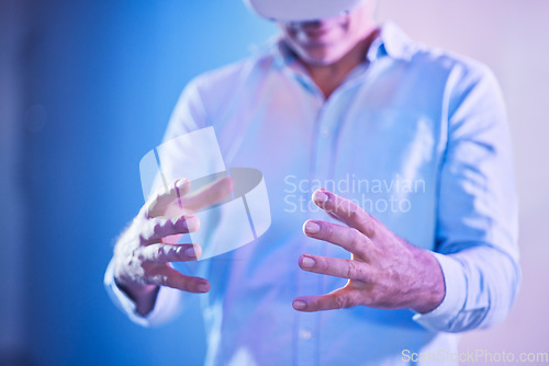 Image of Virtual reality, 3d glasses and man hands for business metaverse experience, futuristic innovation or software technology in neon studio. Future, ai and cyber businessman with vr marketing mock up