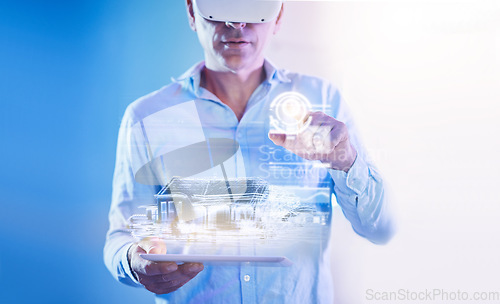 Image of Man, vr and architect with model, building or house for 3d, virtual and digital with tech. Man, design and metaverse with home, architecture or hologram for vision, goal or virtual reality in company