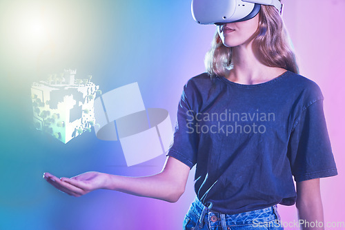 Image of VR, metaverse or woman with hologram in hand for futuristic gaming, virtual reality or digital tech headset for 3d, ai or UX online. Cyber network overlay, gamer or girl for esports or creative space