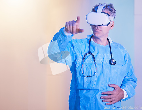 Image of Medical vr, metaverse and doctor with glasses while consulting, working and planning 3d healthcare in neon room. Creative, futuristic and hospital surgeon with virtual reality technology for medicine