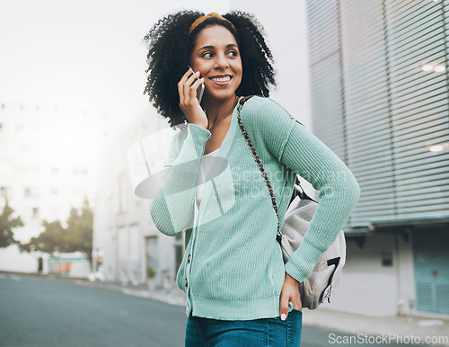 Image of Backpack, phone call and student in city street walking to university, listening to results or feedback on internship opportunity. Happy black woman with smartphone call talking outdoor in urban road