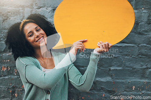 Image of Speech bubble, contact us and woman with communication social media icon with mockup space against a wall outdoors. Smile, good news and happy girl with networking, feedback and marketing sign