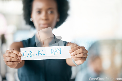 Image of Paper sign, gender and finance equality with black woman, salary and pay gap. Equity, balance and opinion for fair opportunity, human rights bias and social transformation with business employee