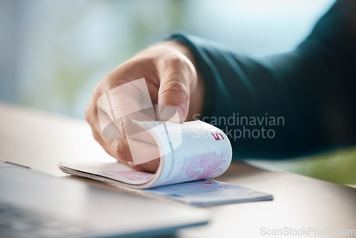 Image of Money, euro bank notes and a businessman counting cash from bribe at office desk. Finance fraud, bank loan scam and corruption in business, currency under the table from corrupt financial advisory.