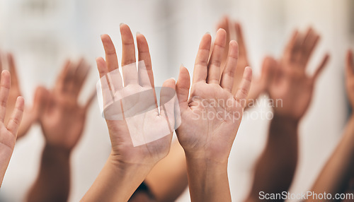 Image of Worship, church and hands praying with support, community and hope together. Group of people with spiritual faith with prayer, gratitude for God and solidarity in religion with trust and peace