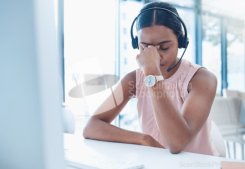 Image of Call center, customer service and telemarketing worker with headache, stress and anxiety of job burnout, computer glitch or depression. Crm consultant with mental health problem or compliance mistake