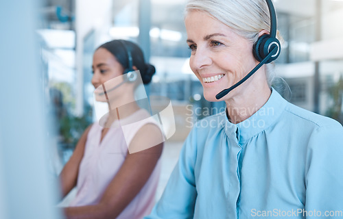 Image of Call center, woman and headphones, phone call and contact, tech support or customer help desk company, employee consulting with client. Communication, worker and customer service or telemarketing.