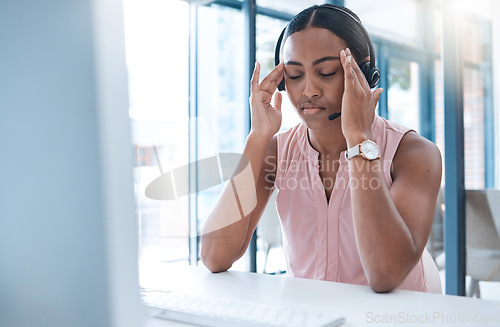 Image of Call center woman headache, stress and burnout, computer glitch and sales worker pain in office. Frustrated, anxiety and tired telemarketing consultant, crm consulting problem and desktop pc mistake