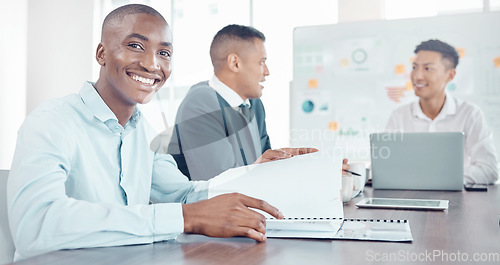 Image of Report, marketing and businessman with a smile in a meeting, planning and working in collaboration. Portrait of a black man reading paper, documents and notes on strategy for partnership with workers