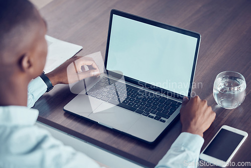 Image of Mockup screen, advertising and businessman on a laptop for business, networking and communication in an office at work. Computer of corporate worker for marketing, branding and mock up space