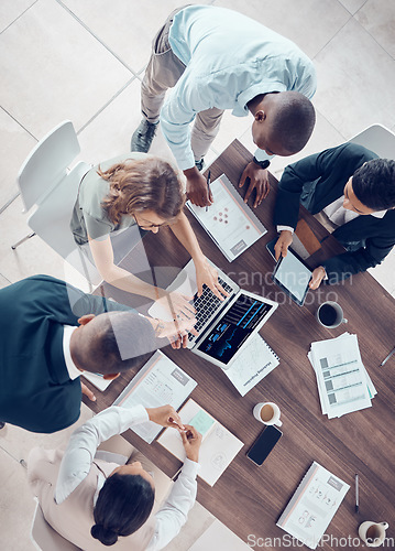 Image of Finance, profit and business people meeting with teamwork, collaboration and analysis of chart, statistics and digital graph analytics. Diversity team, planning strategy and review data report above