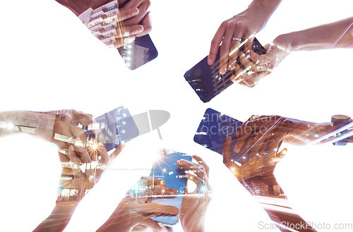 Image of People hands, phone with city double exposure and social media app, typing and digital iot connection. Social network, internet website and 5g smartphone cloud computing technology online with mockup