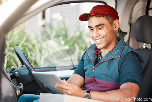 Image of Man, car and tablet for delivery management, ecommerce order or online shopping transport logistics. Smile, happy or courier worker on technology in van for e commerce product or retail distribution