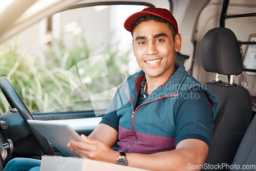 Image of Man, van or tablet in delivery logistics, ecommerce shipping or online shopping transport management. Portrait, smile or happy courier worker in car on e commerce retail stock distribution technology