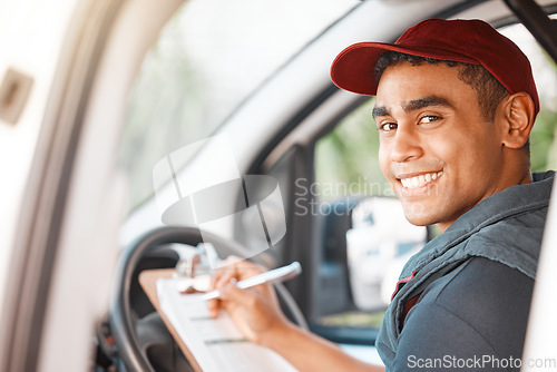 Image of Logistics, delivery car and man with clipboard paperwork or checklist for stock, product distribution or shipping info. Supply chain industry, courier service and happy van or truck driver working