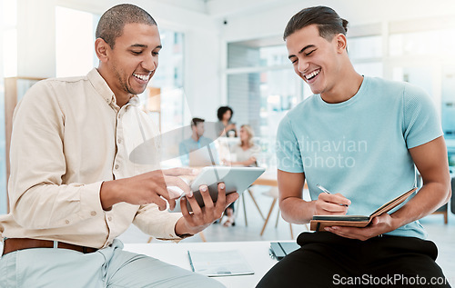 Image of Meeting, startup and men with smile and tablet taking notes and laughing at creative marketing agency office. Coaching, teamwork and idea sharing at business workshop, mentor and young man on project