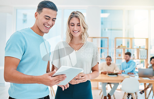 Image of Business, digital tablet and meeting at the office of happy employee or workers with team working together in group. Teamwork, collaboration or diversity of creative people in a project communication