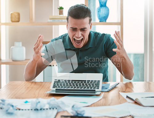 Image of Angry, laptop and businessman with accident, burnout or stress from work in an office. Frustrated worker with anxiety from computer glitch, problem with pc and reading email online with paperwork