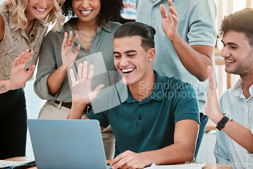 Image of Video call, business people wave in international meeting for company networking, staff update or office team building communication. Diversity global group or team on virtual discussion on computer