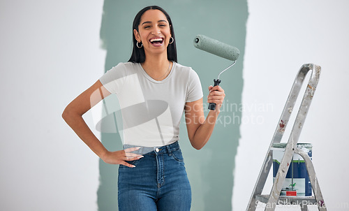 Image of Painting, ladder and hardware of woman in home renovation, room design color, and project development wall with excited portrait. Eco friendly green paint, brush and excited or happy woman painter