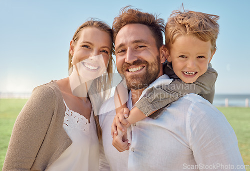 Image of Park, portrait and happy family love being in nature outdoors to enjoy summer holidays, vacation or weekend. Excited child hugging or piggy backing on a healthy father by his relaxed mother in Sydney