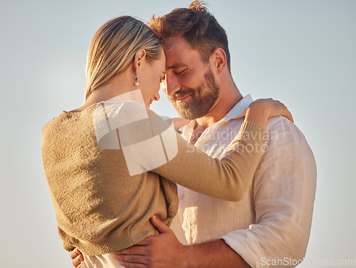 Image of Love, couple and being happy for marriage, romantic vacation and smile together for anniversary. Romance, man and woman doing embrace, holding each other and being intimate for relationship on travel