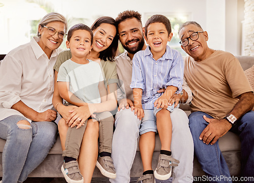 Image of Happy, big family and smile on home living room sofa spending quality time bonding, love and relax together. Portrait of parents, grandparents and men and women with children smiling with happiness