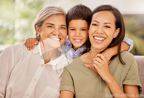 Image of Happy, mother and grandmother with child hug relaxing on living room sofa with smile at home. Portrait of mama, grandma and little boy smiling in happiness for relationship, bonding or family time