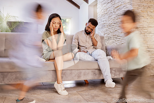 Image of Sofa, family and tired with fast children running with speed in living room of house together. Fatigue, exhausted or headache of young parents at home in Mexico with busy adhd or hyper kids.