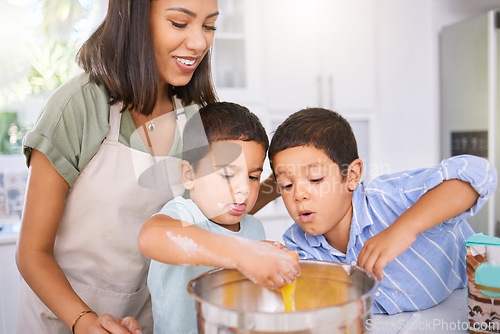 Image of Learning, cooking and mom teaching boys how to bake in home kitchen. Education, support and happy mother spending time together with kids, bonding and baking delicious food, egg and flour recipes.