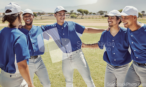 Image of Baseball, sport and team, men and fitness, happy and baseball player huddle, celebrate and motivation in sports club on baseball field. Happiness, teamwork and celebration, training on grass pitch.