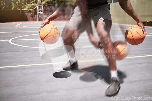 Image of Basketball, man and speed with double exposure on a sport court while training, practice or workout for a game. Athlete exercise with ball working on skill, technique and fitness for sports match