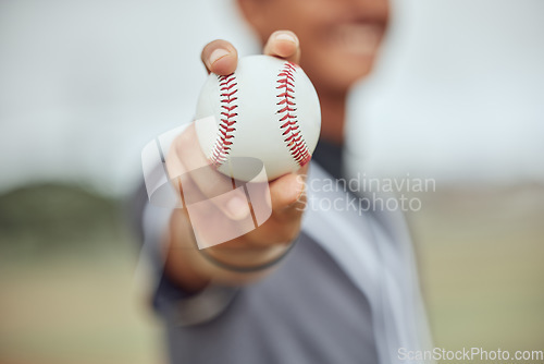 Image of Athlete with baseball in hand, man holding ball on outdoor sports field or pitch in New York stadium. American baseball players catch, exercise fitness with homerun or retro sport bokeh background