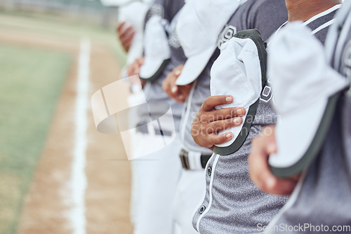 Image of Baseball team, sports and national anthem to start event, competition games and motivation on stadium arena pitch. Closeup baseball players singing, patriotic group pride and respect for commitment