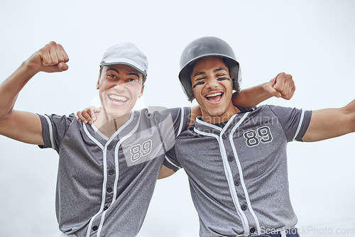 Image of Baseball player, teamwork and celebration for win, champion and teamwork for sports game with fist gesture for winning. Athlete portrait and professional sport of softball men with positive mindset