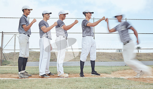 Image of Baseball, fist bump and team support, sport and teamwork on baseball field, exercise and fitness outdoor. Men sports club, diversity and motivation, baseball player and athlete, training and motion.