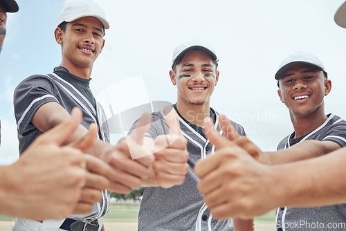 Image of Baseball, sports men and thumbs up success in fitness workout motivation, training trust and exercise community support. Team, friends and smile with winner goals or target hand sign on sports field