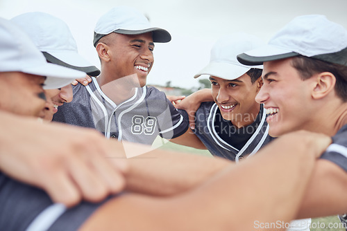 Image of Team, baseball men in game, strategy or planning on grass pitch, sports field or team building in fitness, training or workout match. Smile, happy sport people in motivation talk in softball huddle