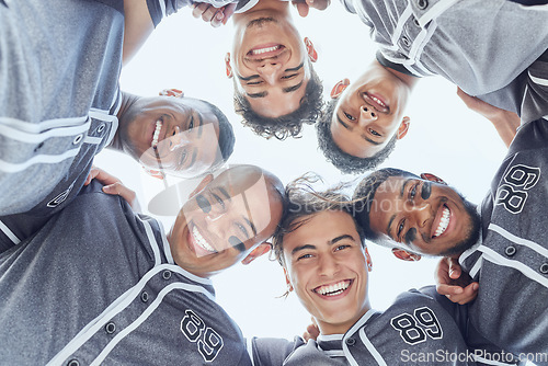 Image of Sport, baseball and team huddle portrait for game mental preparation together with cheerful smile. Teamwork, competition and baseball player men at athlete match excited, happy and ready.
