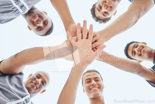 Image of Portrait, diversity and baseball men from connect hands in huddle for team support, collaboration and teamwork. Happy, motivation and athletes huddled in circle for sport, support or sports community